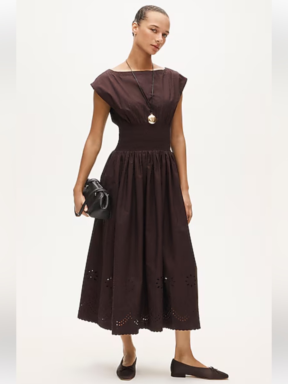 NWT J. Crew Smocked Eyelet-Hem Dress Brown Sz Medium Tall